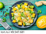 Spring salad with mango, cucumber and sprouts.Vegetable salad of sprouted mung beans. Salad with mango and vegetables. Стоковое фото, агентство Ingram Publishing / Фотобанк Лори