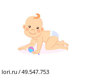 Milestones baby of six or seven month standing on knees with rattle in hands isolated infant in diaper. Vector newborn toddler boy or girl with toy. Milestones Baby of Six Month Standing on Knees. Стоковая иллюстрация, агентство Ingram Publishing / Фотобанк Лори
