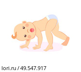 Six or seven month baby milestones, standing on all fours, newborn toddler in diaper isolated cartoon character. Vector infant with open mouth, begins to crawl. Milestones Baby Begin to Crawl Stands on All Fours. Стоковая иллюстрация, агентство Ingram Publishing / Фотобанк Лори