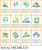 Summer fun and sea adventures vector, people by seaside website pages. Lady laying on lifebuoy, windsurfing and scuba diving, man on mattress, swimming. Summer Relaxation, Vacation of People by Seaside. Стоковая иллюстрация, агентство Ingram Publishing / Фотобанк Лори