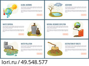 Global warming vector, environmental problems and issues, resource depletion, waste in cans, heat of sunshine and water pollution, deforestation. Website landing page flat style. Concept for Earth day. Global Warming and Climate Changes on Planet Web. Стоковая иллюстрация, агентство Ingram Publishing / Фотобанк Лори