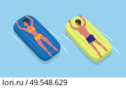 People suntanning on mattresses, male and female characters in swimsuits. Vector girl and boy and inflatable means helping to swim in sea or oceans. People Suntanning on Mattresses, Male and Female. Стоковая иллюстрация, агентство Ingram Publishing / Фотобанк Лори