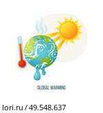 Global warming vector, planet with vapors and melting ground surface, thermometer with scale showing red color, sunshine and heat of sun ecology poster. Concept for Earth day. Global Warming Earth with Sunshine and Thermometer. Стоковая иллюстрация, агентство Ingram Publishing / Фотобанк Лори