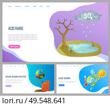 Acid rain, natural resource depletion, global warming set. Cataclysm and pollution planet, atmosphere and water hot weather empty soil vector. Website or landing page flat style. Concept for Earth day. Pollution Planet, Toxic Water, Empty Soil Vector. Стоковая иллюстрация, агентство Ingram Publishing / Фотобанк Лори