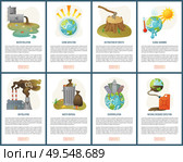 Destruction of forests vector deforestation and global warming melting planet earth, waste disposal, ozone depletion and garbage heat set. Website or webpage template flat style. Concept for Earth day. Overpopulation and Forest Destruction Website Set. Стоковая иллюстрация, агентство Ingram Publishing / Фотобанк Лори