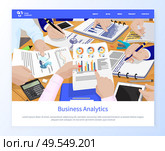 Conference of people vector, business analytics discussion, page with information and infographics, pie diagrams calculators. Charts inforcharts, website or webpage template, landing page flat style. Business Analytics Information on Pages Conference. Стоковая иллюстрация, агентство Ingram Publishing / Фотобанк Лори
