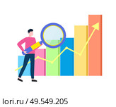 Male analyzing received data vector, business project statistics and information in visual representation, diagram and arrowhead, growing up flat style. Man with Magnifying Glass Analyzing Data Info. Стоковая иллюстрация, агентство Ingram Publishing / Фотобанк Лори