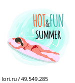 Hot and fun summer emblem, woman swimming on surfboard isolated on blue sea waters. Vector surfboarder relaxing on summer resort, rest on inflatable mattress. Hot and Fun Summer Emblem, Woman Swimming on Board. Стоковая иллюстрация, агентство Ingram Publishing / Фотобанк Лори