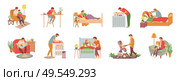 Parent with child vector, man reading book to daughter before sleep, walking kid in perambulator, feeding newborn baby and caring for offsprings set, family concept. Daddy Caring for Children, Father and Kid Set. Стоковая иллюстрация, агентство Ingram Publishing / Фотобанк Лори
