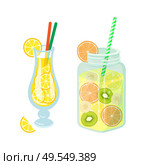 Beverages poured in glass and jar vector. Drinks served with straws to drink, containers with lemonade, lemon slices and kiwi, orange cut ripe fruits. Cocktails and Lemonade in Jar, Detoxing Drinks. Стоковая иллюстрация, агентство Ingram Publishing / Фотобанк Лори