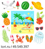 Couple lying on chaise lounge under parasol, woman rising hand for buying bottle of drink, business on beach. Summer decorations icons isolated around vector. Relaxing on Beach, Summer Business, Sea Vector. Стоковая иллюстрация, агентство Ingram Publishing / Фотобанк Лори
