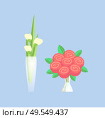 Rose and tulip bouquets in vase vector, container filled with water isolated icons set. Decoration of interior, natural plants with flourishing blooming. Rose and Tulip Bouquets in Vase with Water Set. Стоковая иллюстрация, агентство Ingram Publishing / Фотобанк Лори