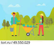 People holding special tools vector, farming period. Man and woman with gathered carrots on cart, hayfork and bucket. Forest with trees and bushes. Harvesting Season, Man and Woman Working on Field. Стоковая иллюстрация, агентство Ingram Publishing / Фотобанк Лори