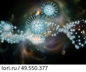 Coronavirus Reality. Viral Epidemic series. 3D Illustration of  Coronavirus particles and micro space elements to complement designs on the subject of virus, epidemic, infection, disease and health. Стоковое фото, агентство Ingram Publishing / Фотобанк Лори