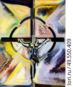 Fractured Faith. Cross of Stained Glass series. Background composition of  organic church window color pattern on the subject of fragmented unity of Crucifixion of Christ and Nature. Стоковое фото, агентство Ingram Publishing / Фотобанк Лори