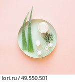 Modern moisturizing cosmetic products with fresh aloe vera leaves on light green tray on pastel pink background. Top view. Modern facial skin care. Beauty concept. Layout. Стоковое фото, агентство Ingram Publishing / Фотобанк Лори