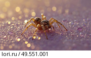 A beautiful spider and a web decorated with dew drops that shimmer in the sun, creating a glow effect. The background of the image is blurred, in a warm golden pink color scheme. Стоковое AI-изображение, AI-художник Photojuli / Фотобанк Лори