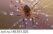 A beautiful spider and a web decorated with dew drops that shimmer in the sun, creating a glow effect. The background of the image is blurred, in a warm golden pink color scheme. Стоковое AI-изображение, AI-художник Photojuli / Фотобанк Лори