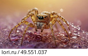 A beautiful spider and a web decorated with dew drops that shimmer in the sun, creating a glow effect. The background of the image is blurred, in a warm golden pink color scheme. Стоковое AI-изображение, AI-художник Photojuli / Фотобанк Лори
