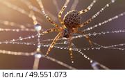 A beautiful spider and a web decorated with dew drops that shimmer in the sun, creating a glow effect. The background of the image is blurred, in a warm golden pink color scheme. Стоковое AI-изображение, AI-художник Photojuli / Фотобанк Лори