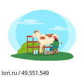Breeding of animals and tending cows vector, milkmaid working with cattle in stable. Isolated worker with bottles sitting on stool by metal bucket. Milkmaid Person with Cow, Agriculture and Breeding. Стоковая иллюстрация, агентство Ingram Publishing / Фотобанк Лори