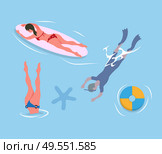 Woman diving legs up, man in flippers and mask, lady suntanning on surfboard, inflatable ring and sea star in blue waters. People resting at seaside, summertime. People Diving Legs Up, Man in Flippers and Mask. Стоковая иллюстрация, агентство Ingram Publishing / Фотобанк Лори