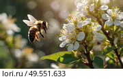 A bee collecting nectar on a blooming apple tree in close-up. Macro photography. Natural food. The disappearance of bees. Стоковое AI-изображение, AI-художник Photojuli / Фотобанк Лори