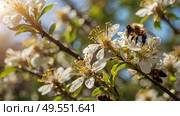 A bee collecting nectar on a blooming apple tree in close-up. Macro photography. Natural food. The disappearance of bees. Стоковое AI-изображение, AI-художник Photojuli / Фотобанк Лори