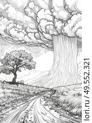 A drawing depicting a tree growing in the center of a road, obstructing traffic flow. Стоковое AI-изображение, AI-художник Данила Большаков / Фотобанк Лори