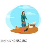 Person on farm vector, farming female wearing hat feeding hen chickens and geese agriculture and growing of domestic animals isolated farmer flat style. Farming Woman, Lady Feeding Hens with Wheat Vector. Стоковая иллюстрация, агентство Ingram Publishing / Фотобанк Лори