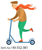 Senior person riding scooter wearing scarf vector, isolated man with hat having fun, pensioner leading active lifestyle, gray-headed character outdoor. Old Hipster Man Riding Scooter, Grandfather Sport. Стоковая иллюстрация, агентство Ingram Publishing / Фотобанк Лори