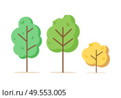 Spring season vector, isolated plants with big trunk, greenery of forest or park, yellow foliage of autumn tree, bushes of fall, leaves frondage flat style. Trees and Bushes of Autumn Fall and Spring Vector. Стоковая иллюстрация, агентство Ingram Publishing / Фотобанк Лори