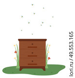 Beekeeping vector, isolated beehive with bees flying and pollinate flowers, glass and flora flourishing plants, cabinet made of wood, home to insects. Tools for apiary. Beehive with Flying Bees Grass with Flowers Vector. Стоковая иллюстрация, агентство Ingram Publishing / Фотобанк Лори