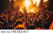 A large group of individuals gathered together, lifting their hands simultaneously in the air. Стоковое AI-изображение, AI-художник Данила Большаков / Фотобанк Лори