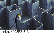 A penguin navigating through a challenging maze, trying to find a way out of the confusing pathways. Стоковое AI-изображение, AI-художник Данила Большаков / Фотобанк Лори