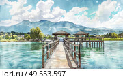 A detailed painting of a pier extending into a calm lake, with majestic mountains in the background under a clear sky. Стоковое AI-изображение, AI-художник Данила Большаков / Фотобанк Лори