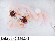 Beautiful flat lay of sweet dessert, milk and juice. Стоковое фото, агентство Ingram Publishing / Фотобанк Лори