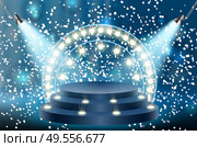 Colorful illuminated podium for awards and performances illuminated by bright spotlights. Vector illustration. EPS10. Colorful illuminated podium for awards and performances illuminated by bright spotlights. Vector illustration. Стоковая иллюстрация, агентство Ingram Publishing / Фотобанк Лори