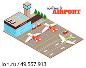 City airport terminal aerodrome outdoor facility isometric composition with airfield aircraft buses runway landing plane vector illustration. Стоковая иллюстрация, агентство Ingram Publishing / Фотобанк Лори