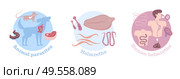 Helminths parasitic worms life cycle  stages in humans and animals 3 round flat compositions isolated vector illustration. Стоковая иллюстрация, агентство Ingram Publishing / Фотобанк Лори