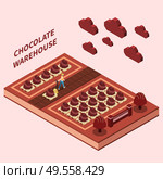 Chocolate warehouse abstract design concept with worker delivering on shelves sweet   production isomeric vector illustration. Стоковая иллюстрация, агентство Ingram Publishing / Фотобанк Лори