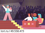Vocal competition flat composition with voice singing competition and characters of judges with singer on stage vector illustration. Стоковая иллюстрация, агентство Ingram Publishing / Фотобанк Лори