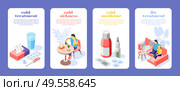 Flu cold treatment 4 isometric posters set with sick people medicine nasal spray pills thermometer vector illustration. Стоковая иллюстрация, агентство Ingram Publishing / Фотобанк Лори