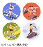 Jogging running training sprinting 4 round isometric compositions with race finish hurdling vr fitness experience vector illustration. Стоковая иллюстрация, агентство Ingram Publishing / Фотобанк Лори