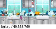 Dirty and clean kitchen background with washing dishes symbols flat vector illustration. Стоковая иллюстрация, агентство Ingram Publishing / Фотобанк Лори