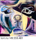 Return of the Little Ones. Interplay of petroglyph, human, viral and abstract elements on the subject of Covid-19 epidemic, global pandemic, eternal human drama and Spirit World. Стоковое фото, агентство Ingram Publishing / Фотобанк Лори