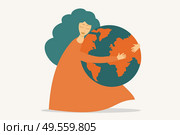 Illustration of a woman hugging the earth - Save our planet, Environment activist. Стоковое фото, агентство Ingram Publishing / Фотобанк Лори