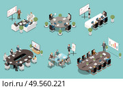 Meeting white board and lcd screen presentations isometric set with oval rectangle round boardroom tables vector illustration. Стоковая иллюстрация, агентство Ingram Publishing / Фотобанк Лори