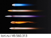 Realistic images of colorful flying bullets traces    on transparent background isolated vector illustration. Стоковая иллюстрация, агентство Ingram Publishing / Фотобанк Лори