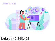 Sterilization tools salon flat composition with doodle character of barber putting dirty instruments into washing machine vector illustration. Стоковая иллюстрация, агентство Ingram Publishing / Фотобанк Лори